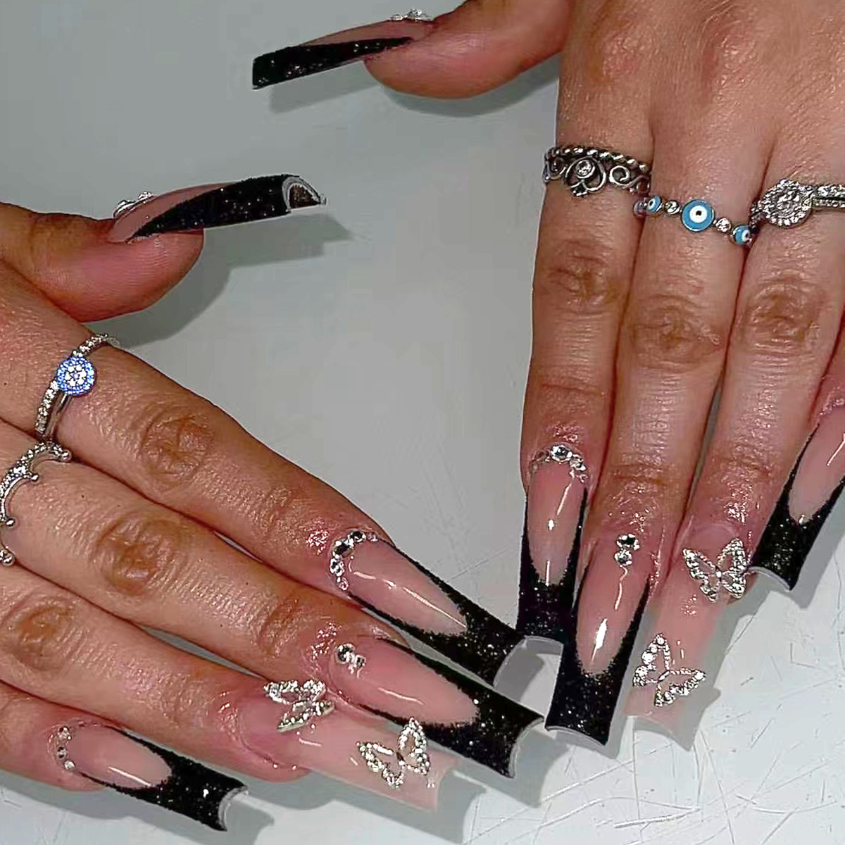 Nail Art Press On - 24pcs Black French Fake Nails Sets