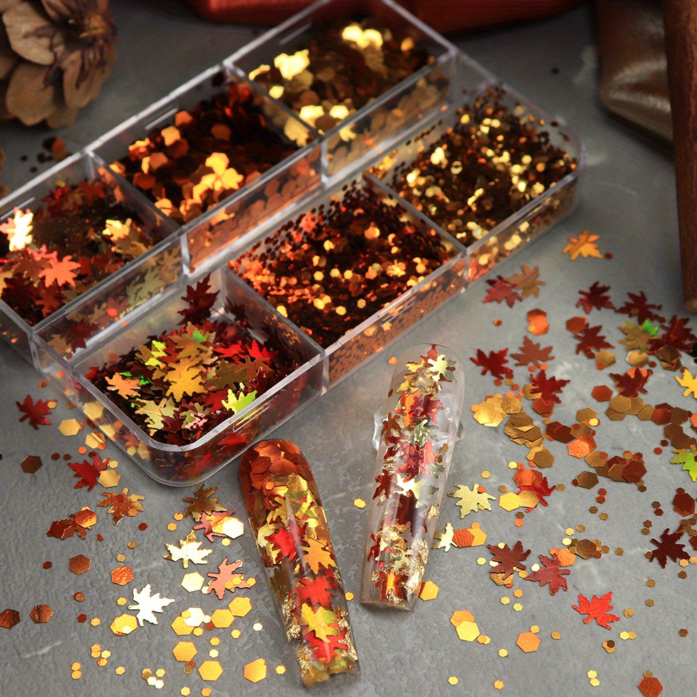 6 Grids Autumn Nail Glitter Fl - Nail Art Orange ulasan dan harga
