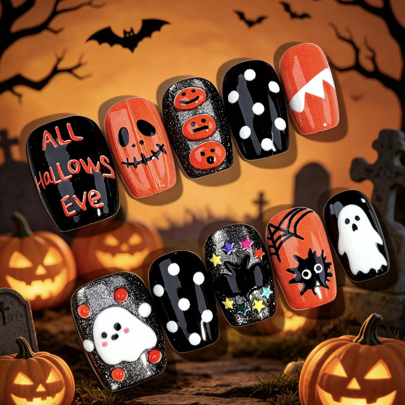 10Pcs Halloween Ghost Pumpkin  - Nail Art Press On ulasan dan harga